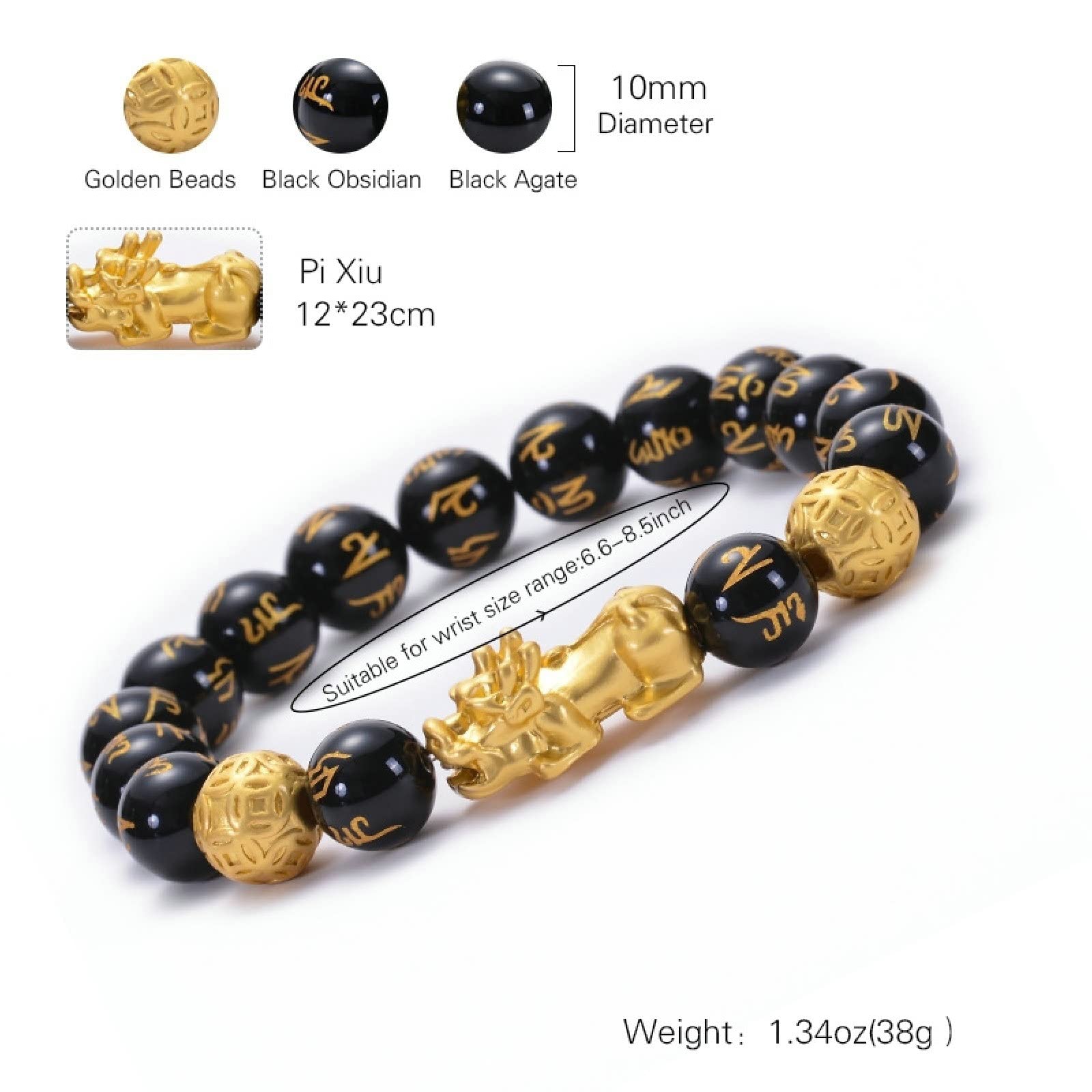 Bracciale con Perline da Donna, Bracciale in Pietra Nera da 8 mm con Artiglio Bracciale con Perline Elasticizzate da Uomo 17 cm