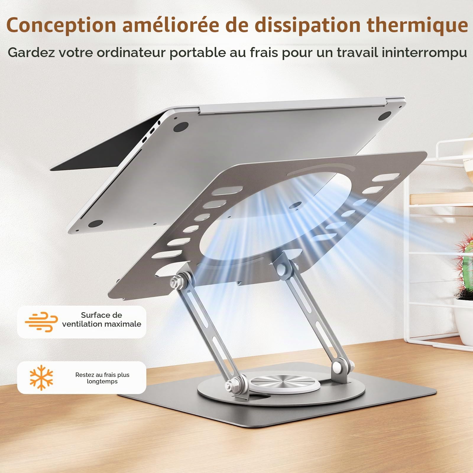 Euqvunn Support Ordinateur Portable, Pliable Support PC avec Base Rotative à 360°, Rehausseur Ordinateur Portable, Réglable en Hauteur et en Angle, Compatible avec MacBook Pro/Air, 11–16"(Argent)