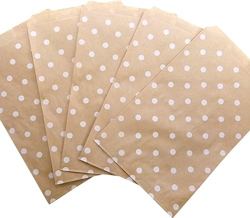 NicePackaging 200 bolsas de regalo de papel plano decorativas de 5 x 7 pulgadas lunares blancos en bolsas de papel kraft marrón para ventasgolosinas