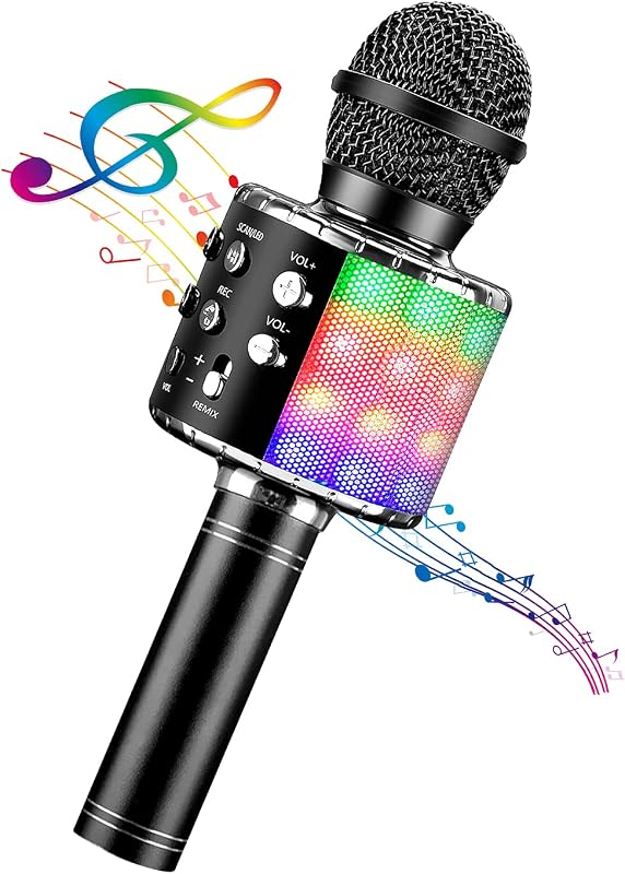 4 in 1 Karaoke Wireless Microphone with LED Lights, Portable Microphone for Kids, Great Gifts Toys for Kids, Girls, Boys and Adults (Black)