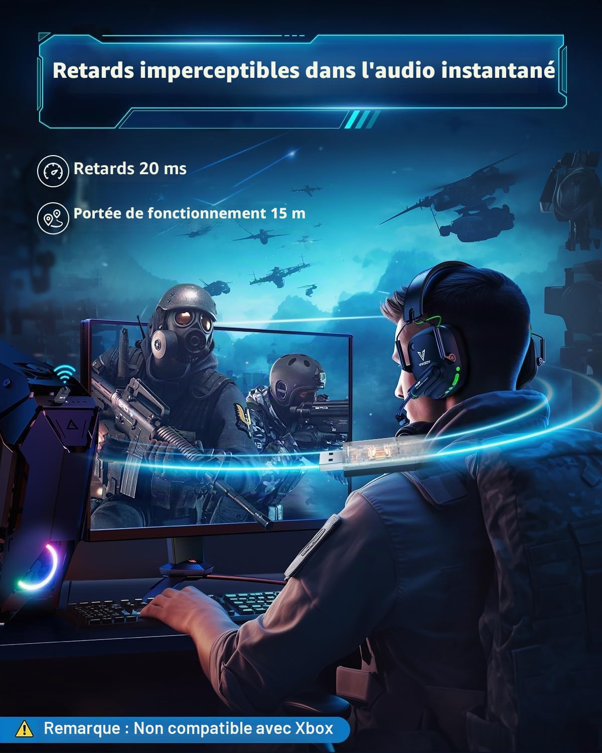 Vakedy Casque de jeu sans fil pour PC, PS5, PS4, Mac, Switch, Dongle USB 2,4 GHz avec micro, Bluetooth 5.4, pilote de 50 mm, son stéréo, éclairage froid, batterie 50H, noir/vert