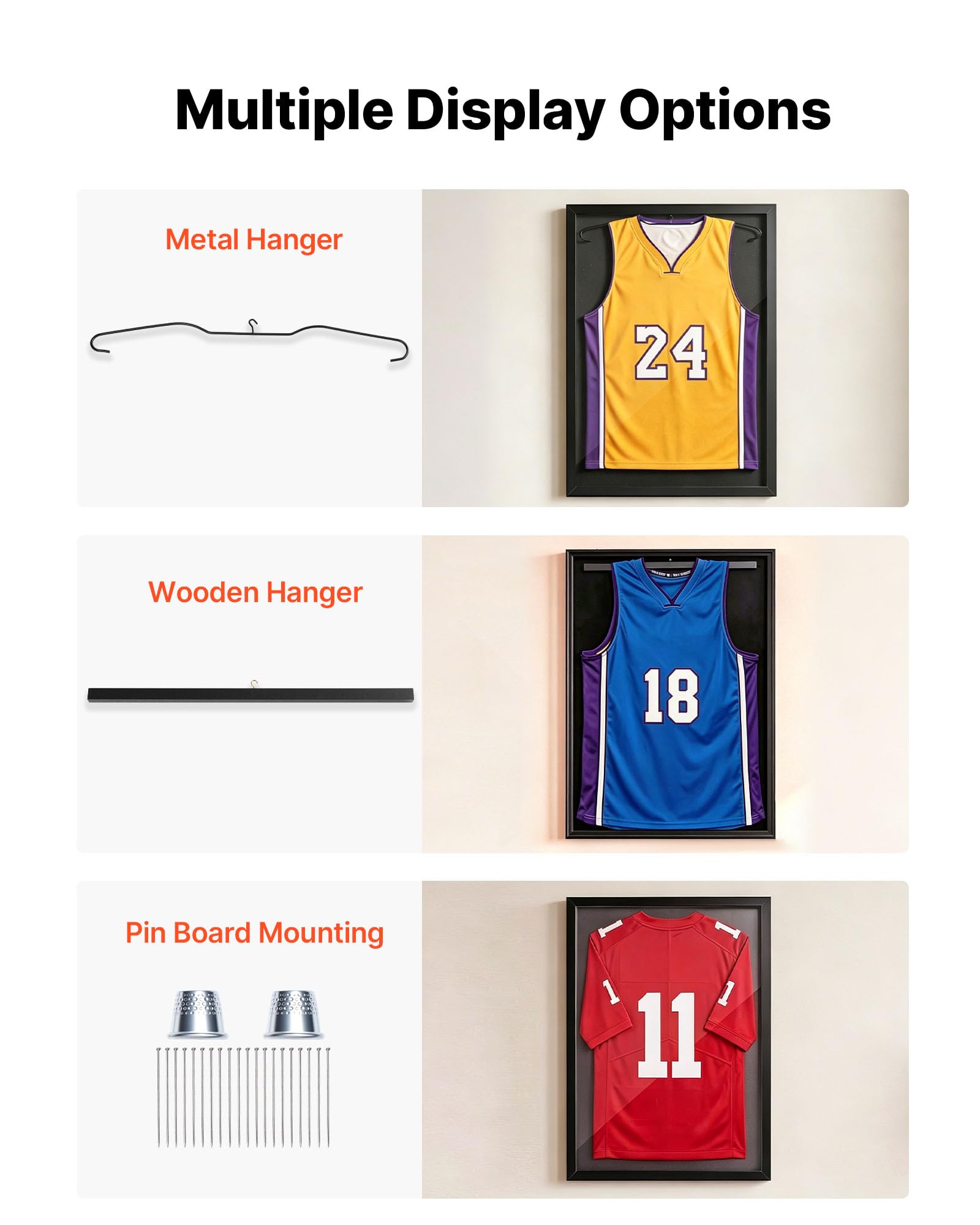 VEVOR Marco de Camisetas de Madera 59 x 79,5 cm, Vitrina para Camisetas Deportivas con Panel de Policarbonato con Protección UV, Expositor para Uniformes de Baloncesto, Fútbol, 2 Piezas, Negro