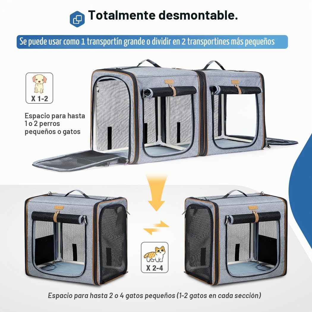 Lekeinchi Caja de transporte para perros 2 en 1, para mascotas medianas, caja de transporte plegable para gatos con marco de fibra fuerte, caja de arena para gatos, 2 cuencos, 2 alfombrillas para