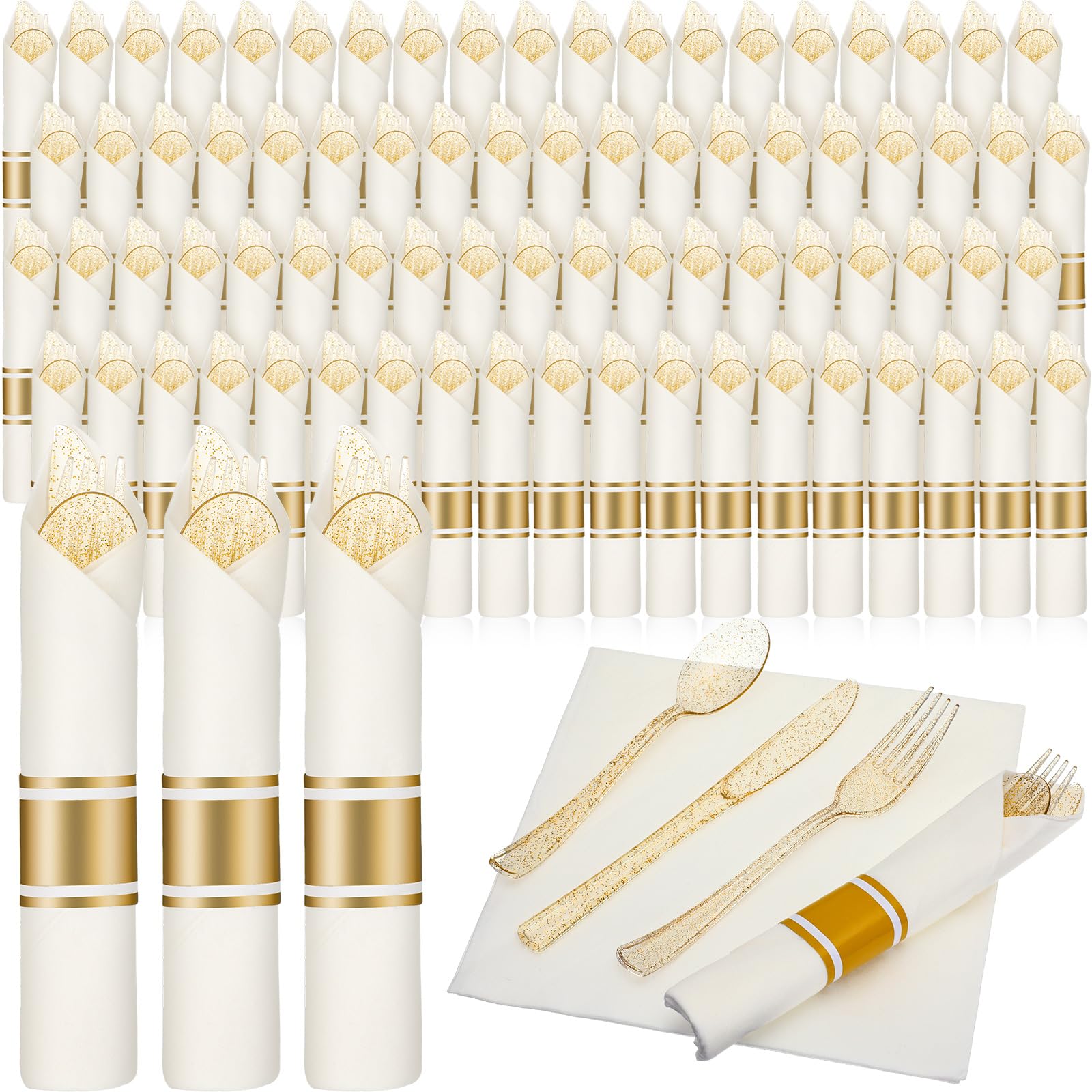 Zubebe 200 Pack Rolled Silverware Pre Rolled Silverware Set Disposable Wrapped Plastic Cutlery Set Disposable Utensils Includes Forks, Knives, Spoons, Napkins Wrapped for Wedding Party (Gold,White)