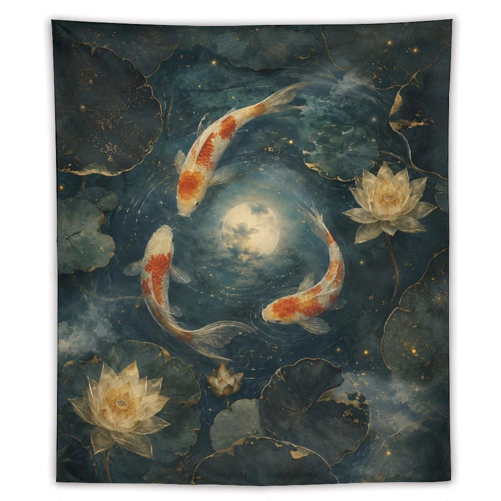 H3B8U2Y5 Koi Fish Moon Wall Tapestry, Watercolor, Minimalist Asian Art