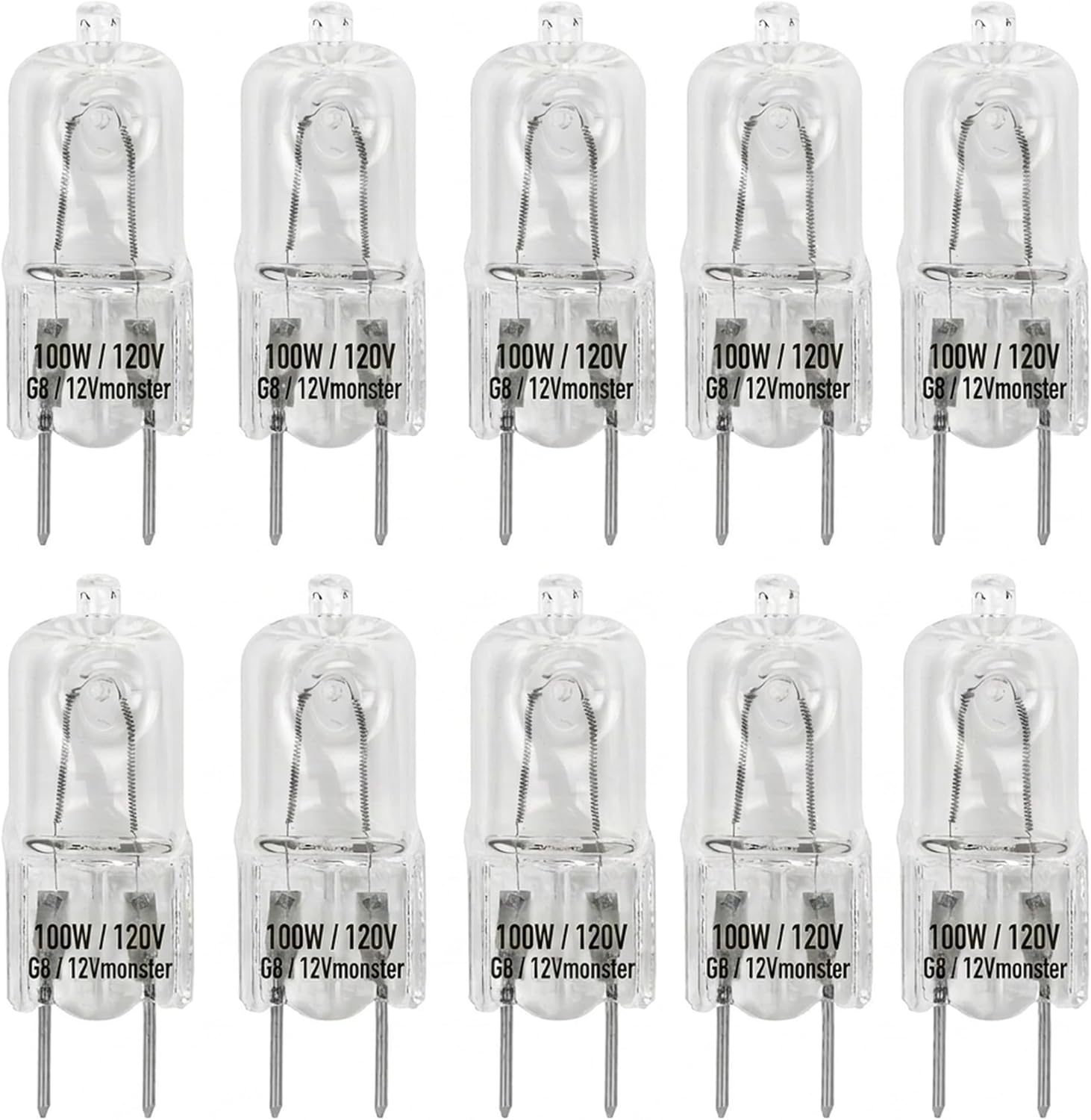 12Vmonster Specialty Lighting Value 10 Pack G8 100W 120V Dimmable Halogen Light Bulb Replacement Puck Lighting Under Counter Range Hood Appliance Kitchen Lamp 2 Prong Clear Lense 100 Watt Warm White