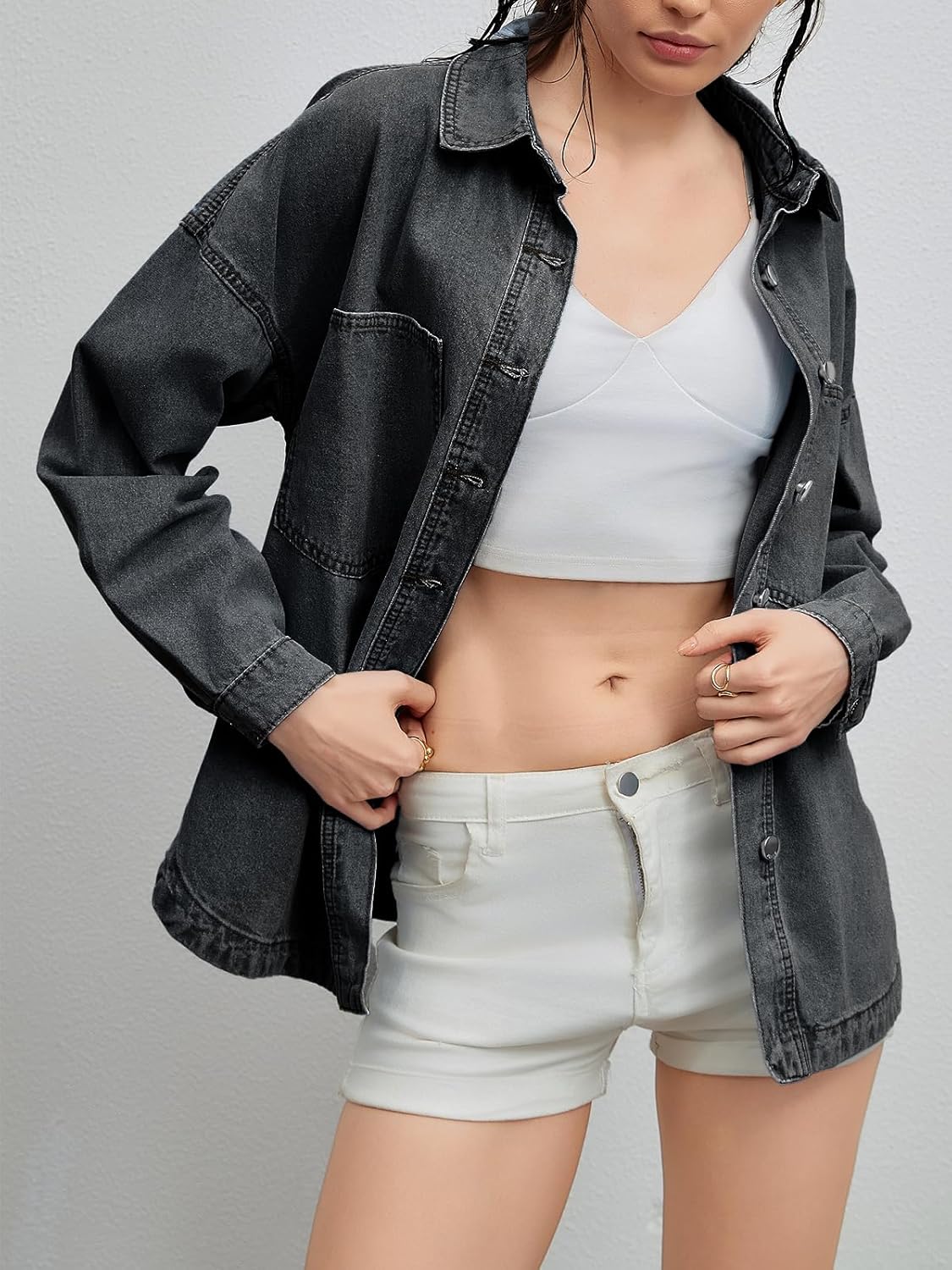 Women Denim Jacket Shacket Long Sleeve Oversize Boyfriend Jean Jacket Shirt - Image 3