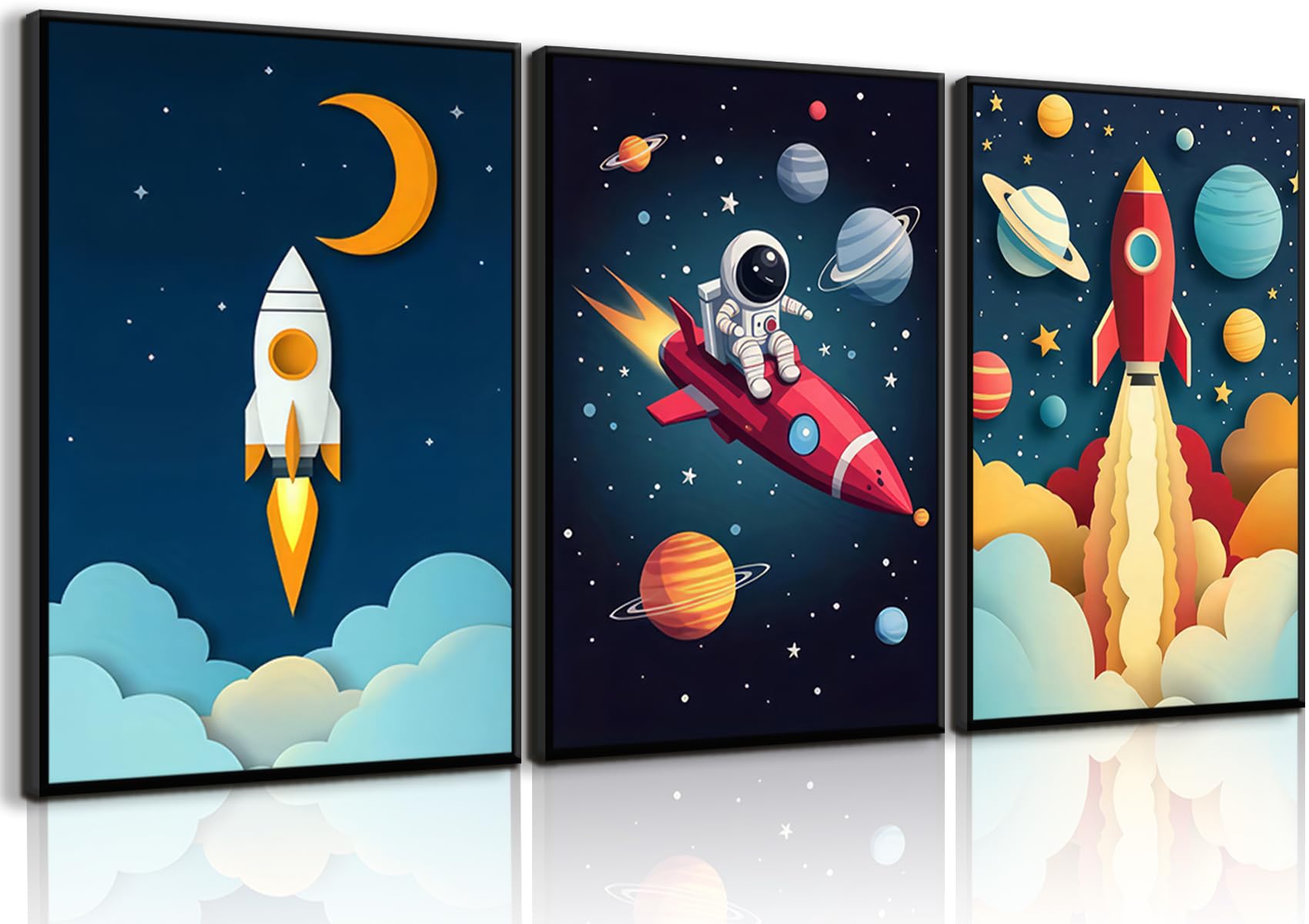 3Pcs Astronaut Wall Art Space Wall Art Toddler Boy Wall Decor Kids Room Wall Decor Boys Room Poster Prints Nursery Canvas Pictures Rocket Astronaut