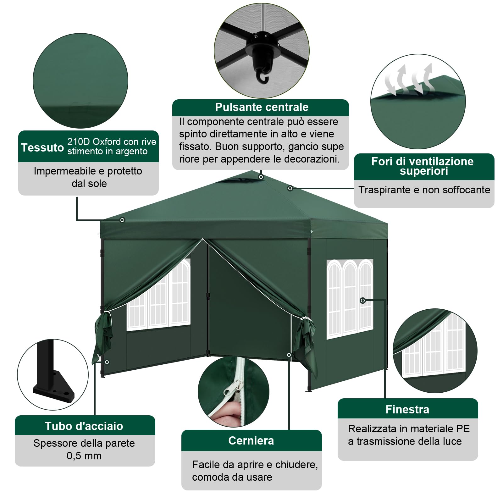 Laneetal Gazebo 3x3 Pieghevole Impermeabile, Pergolato da Giardino, Gazebo da Esterni, con Pareti Laterali Rimovibili, Protezione dal Sole, per Feste e Campeggio, Borsa per il Trasporto, verde