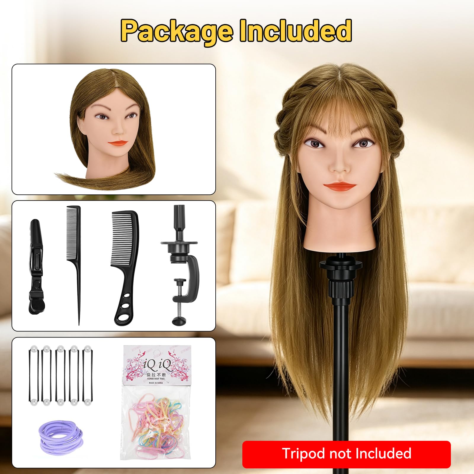 Yofuly Friseur-Trainingskopf, 45,7 cm, 100 % Echthaar, Manikin-Kosmetologie-Puppenkopf zum Flechten und Haarstyling, Übungskopf mit Tischklemme + DIY-Zopf-Set (Hellbraun)