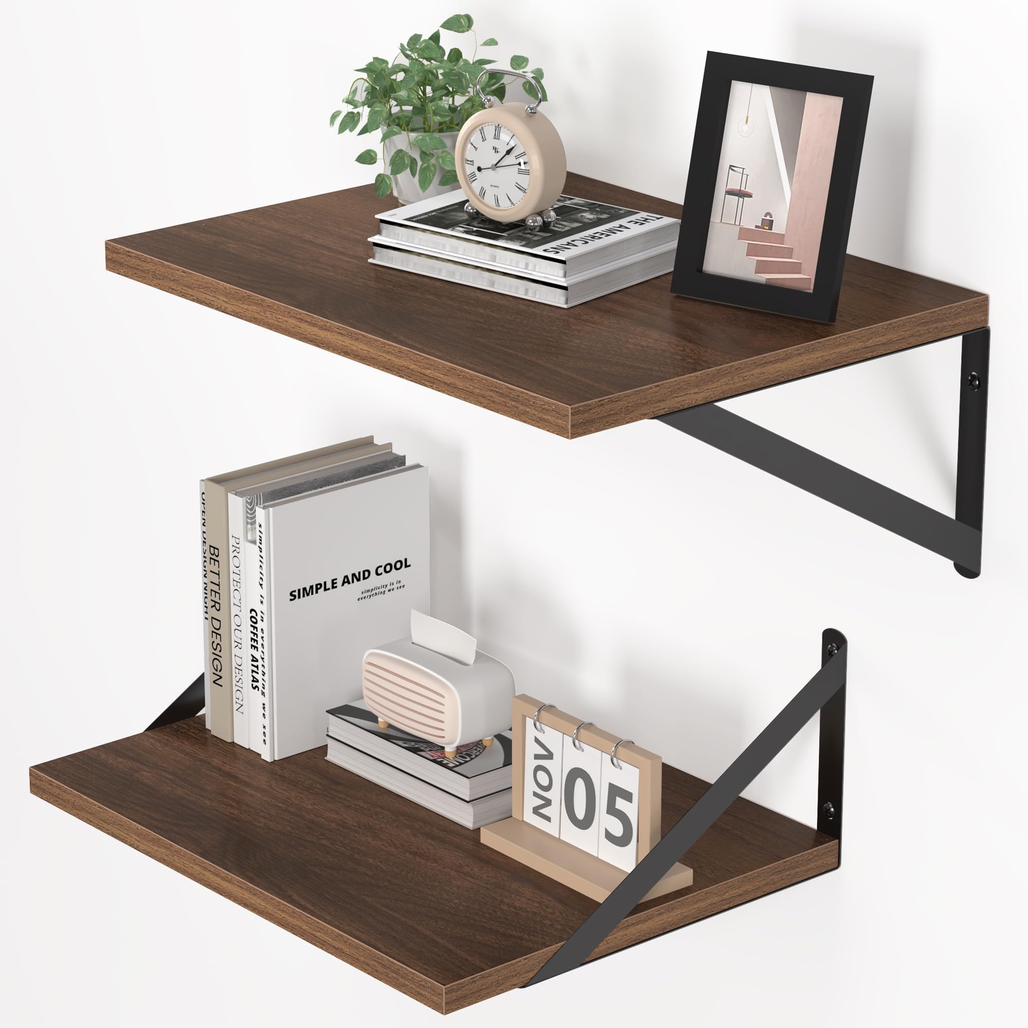 Heimlove Floating Shelves Set of 2, 40x20cm Walnut Wall Mounted Shelves with Metal Brackets, Book Shelf for Living Room, Bedroom, Kitchen, Bathroom, Home Office & Book Storage — image 1