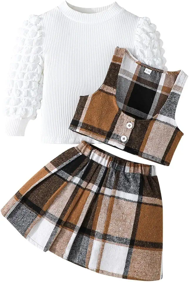 Guodeunh Toddler Girls Christmas Outfits Girls Puff Sleeve Knit Ribbed Tops Button Down Vest Plaid Skirt Set Winter Clothes