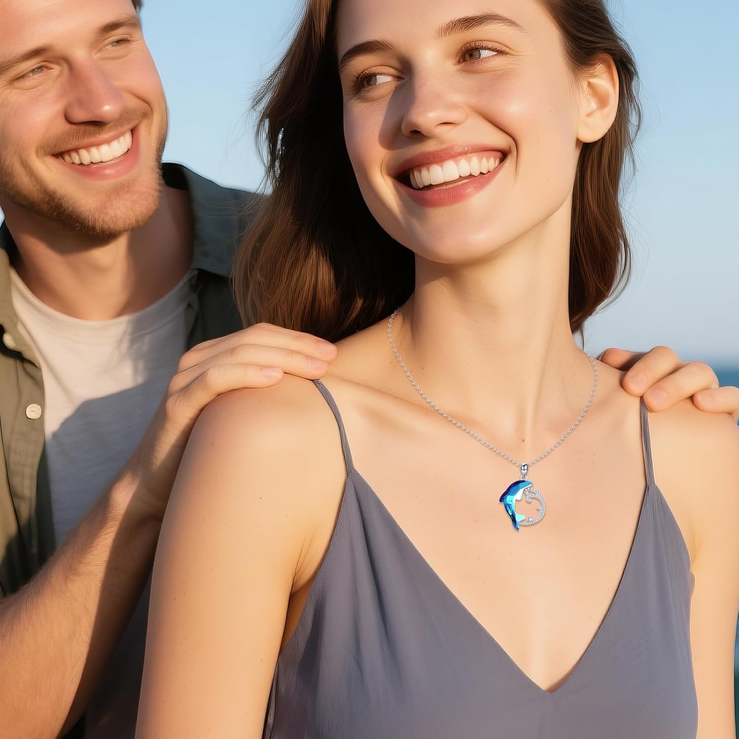YAFEINI Dolphin Necklace 925 Sterling Silver Blue Crystal Beach Themed Pendant Necklace Ocean Jewelry Dolphin Gifts for Women - Image 6