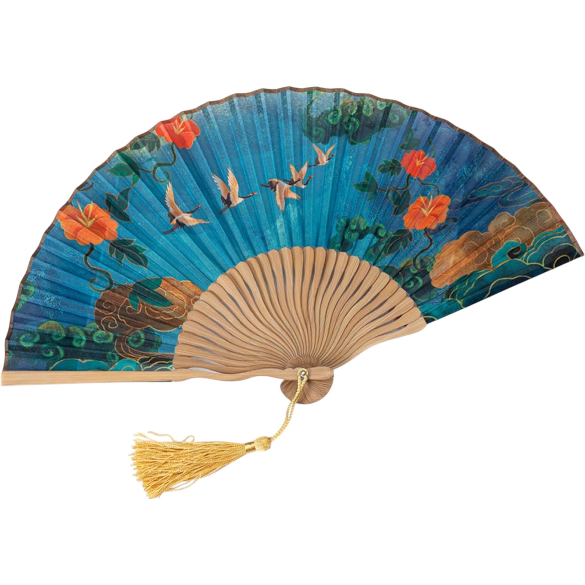 GFM® Bamboo Silk Handheld Folding Japanese Chinese Hand Fan for Summer, Wedding, Party Favour (MR-E) (F17-Soaring Cranes)(FLSLK-F17-04) — image 1
