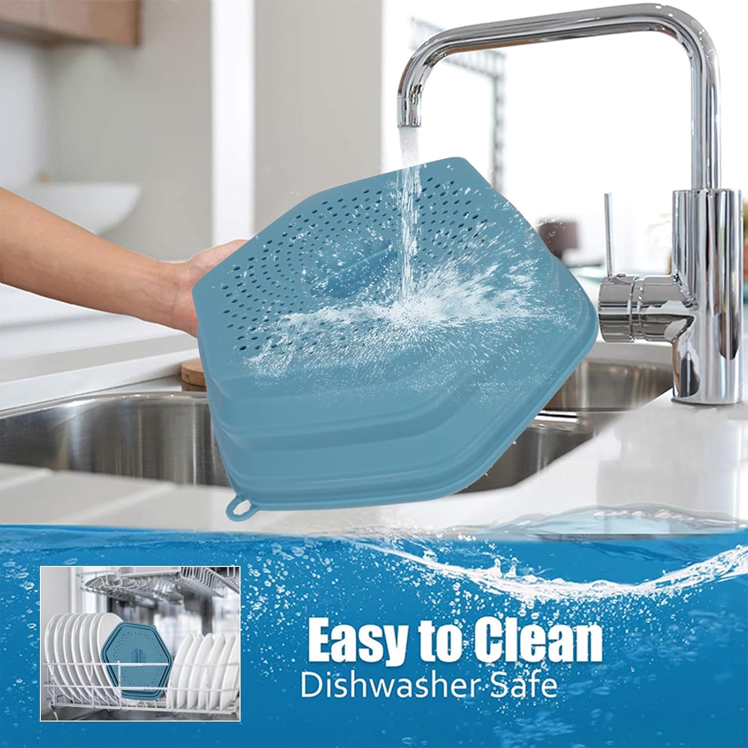 Set of 2 10" silicone microwave cover and trivet mat as bowl holder, for splatter guard multipurpose: silicone drainer, pot holder, drying, baking, utensils storage for kitchen counter-BLUE