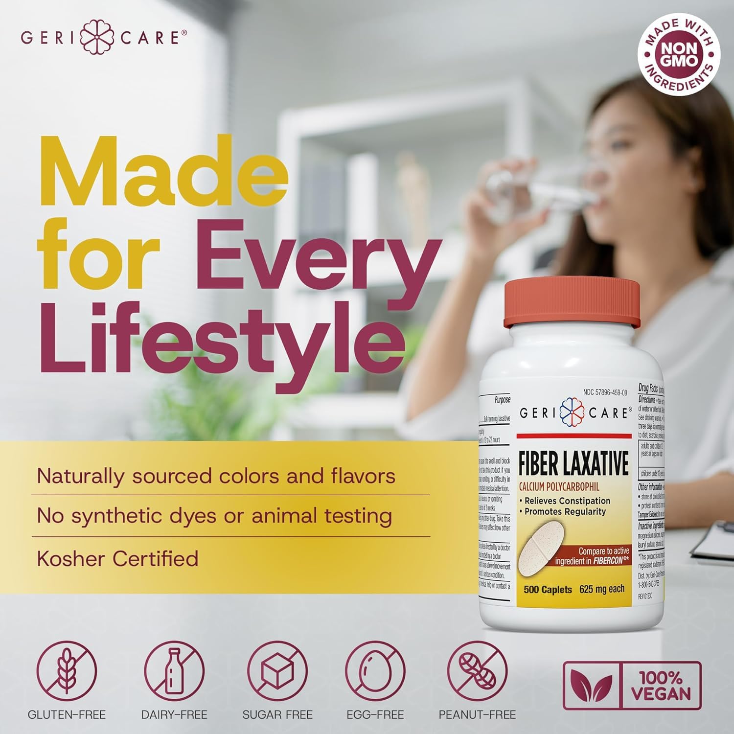 GeriCare Fiber Laxative - 625mg Calcium Polycarbophil Supplement - Gentle Effective OTC Relief for Constipation and Hemorrhoids - Insoluble Fiber Caplets (500 Count)