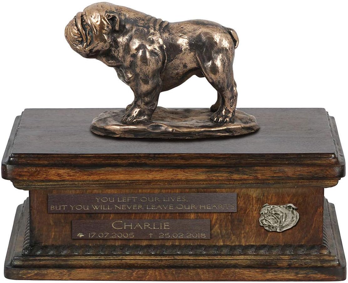 Art-Dog Custom Dog Sitting Statue Memorial Urn - Handmade Cold Cast Bronze on Birch Base – Sturdy and Stylish Urn for Dog’s Ashes – 8.3x11.4x8.7 – 5l – English Bulldog