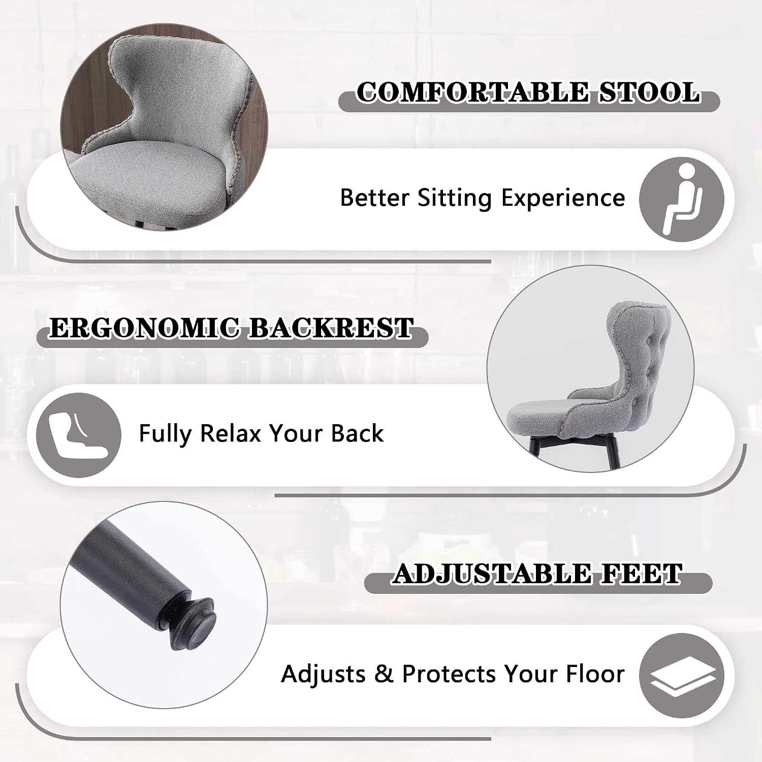 DKLGG Set of 2 Counter Height Bar Stools, 25.5 in, Grey, Upholstered with Tufted Back and Nailhead Trim, Comfortable and Durable, Suitable for Kitchen, Dining Room, Bars, Cafes