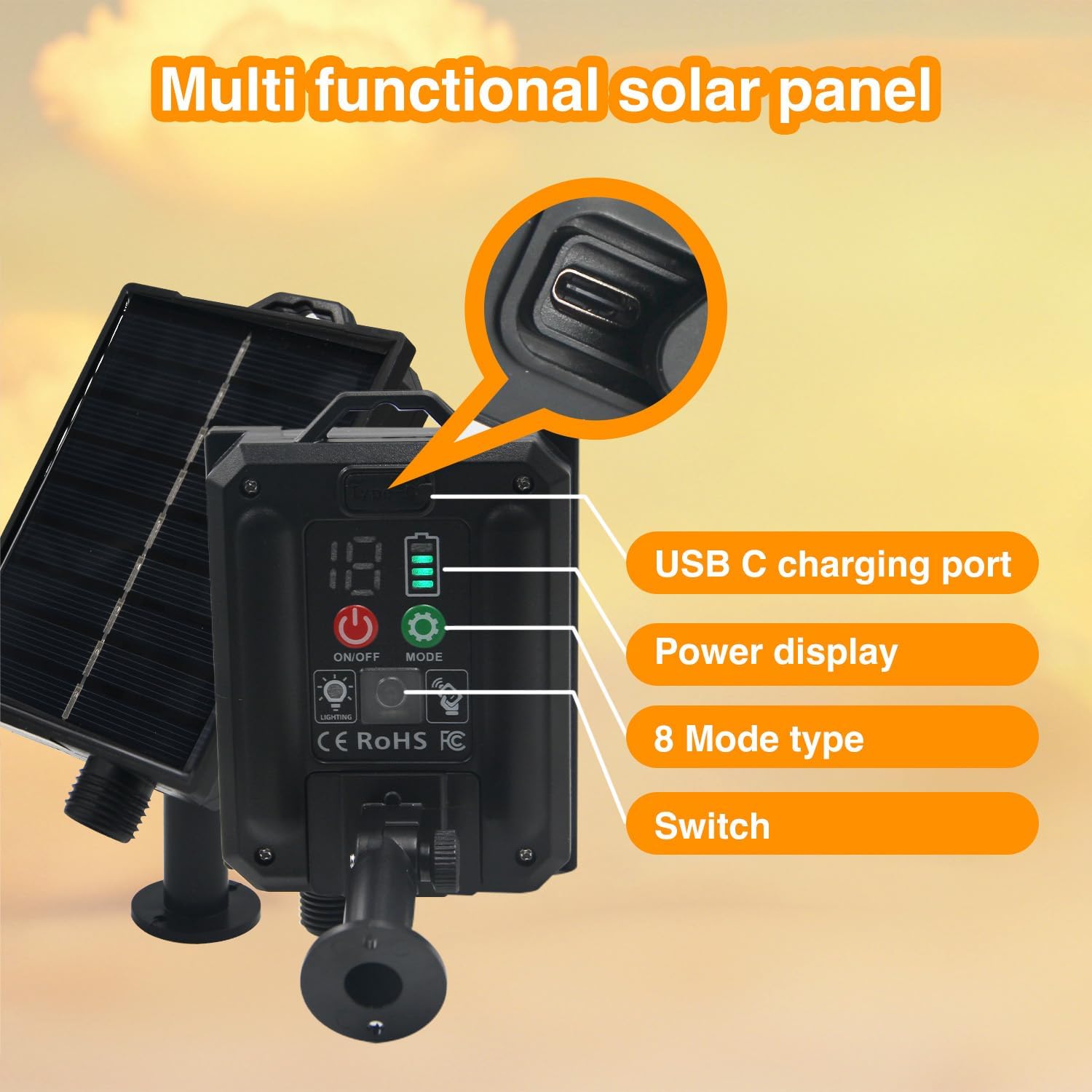Close-up of the multi-functional solar panel showing the USB-C charging port, power display, mode button, and switch