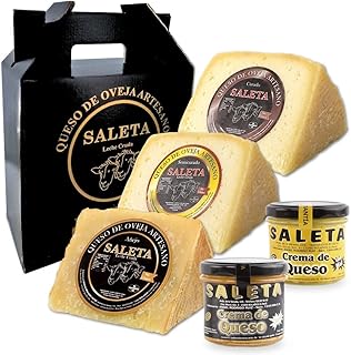 SALETA® Cesta Quesos Gourmet Regalo | Queso Oveja de La Mancha | 3 Cuñas Quesos Curado, Semicurado y Añejo y 2 Tarros Crema de Queso para untar | Surtido de quesos para regalar "Pack Premium 1Kg"