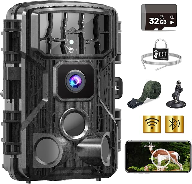 EZETAI Wildlife Camera Wifi 4K 30MP, Bluetooth Trail Game Camera with Night Vision Motion Activated Waterproof for Outdoor Hunting Scouting,Wildlife Monitoring,Home Security 32 TF card/Padlocks