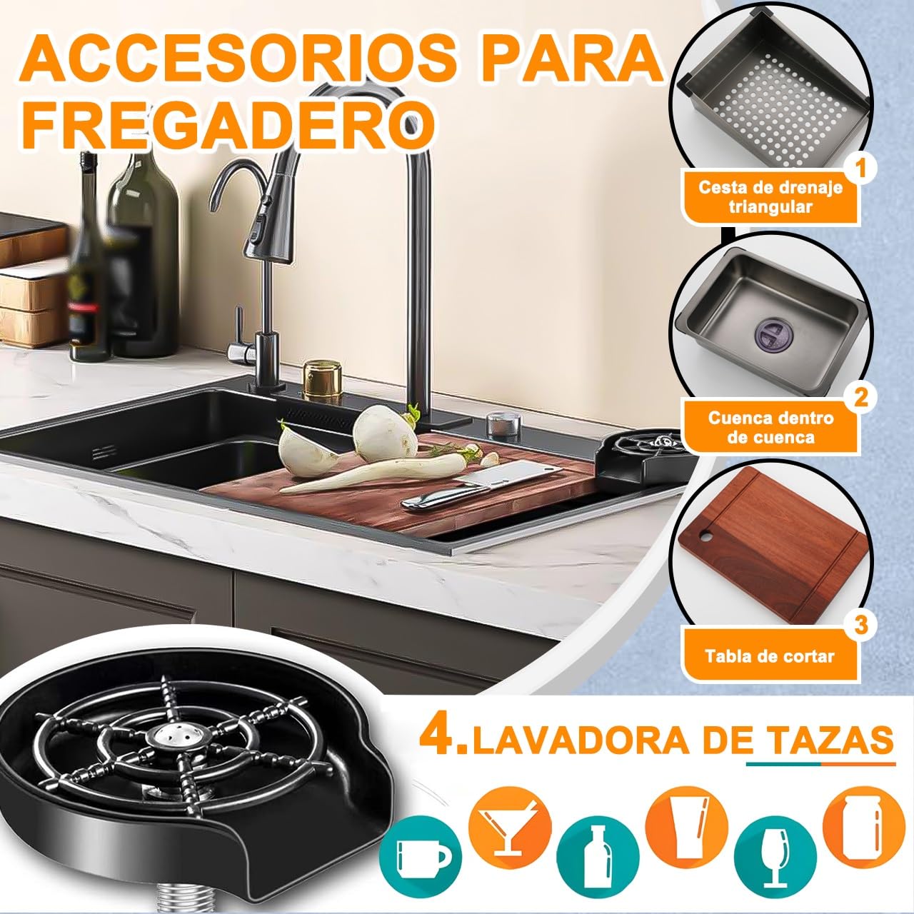 Negro con Cascada, grifo monomando LED de Acero inoxidable para lugar de Trabajo, Tabla de cortar móvil y fregadero con desagüe, Moderno multifuncional (Negro#01A, 70x50cm)