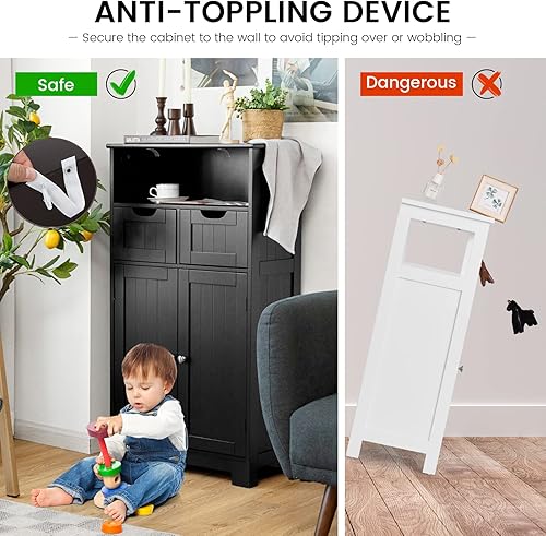 Miniatura 7 de COSTWAY Armario de almacenamiento de baño, organizador de almacenamiento independiente con 2 cajones y estante ajustable, armario de piso de madera