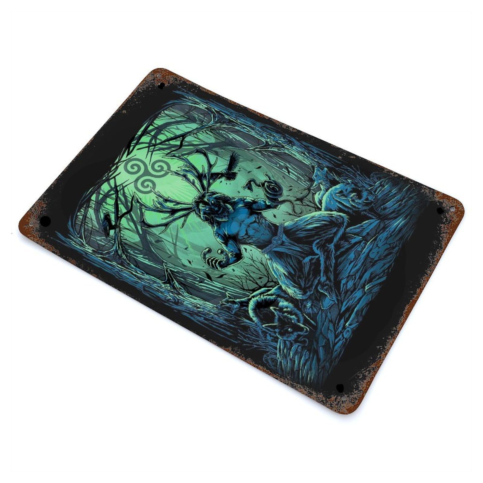 Rust Effect Cernunnos Celtic Irish Weathered Tin Sign 11.8"x7.9", Retro Wall Decor for Garage, Bar And Workshop Decor