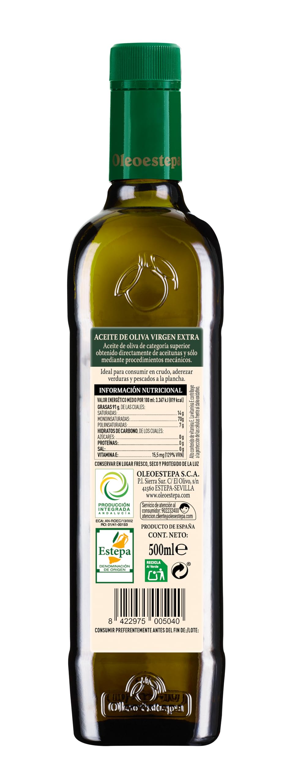 Oleoestepa Hojiblanca - Aceite de Oliva Virgen Extra Pack 12 x 0,50L – DOP Estepa – Extracción en Frío – Monovarietal Hojiblanca – Frutado verde con aromas a hierba, manzana y alcachofa.