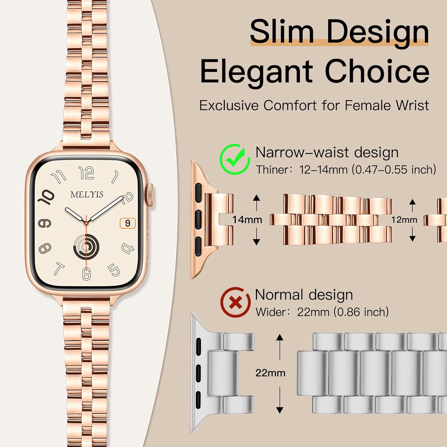 Slim Metal Band Fits Apple Watch Bands 42mm(Series 11/10) 40mm 41mm 38mm, Stainless Steel iWatch Bands for Women, Dressy Band for Apple Watch Series 11 10 9 SE 8 7 6 5 4 3, Rose Gold - Image 2