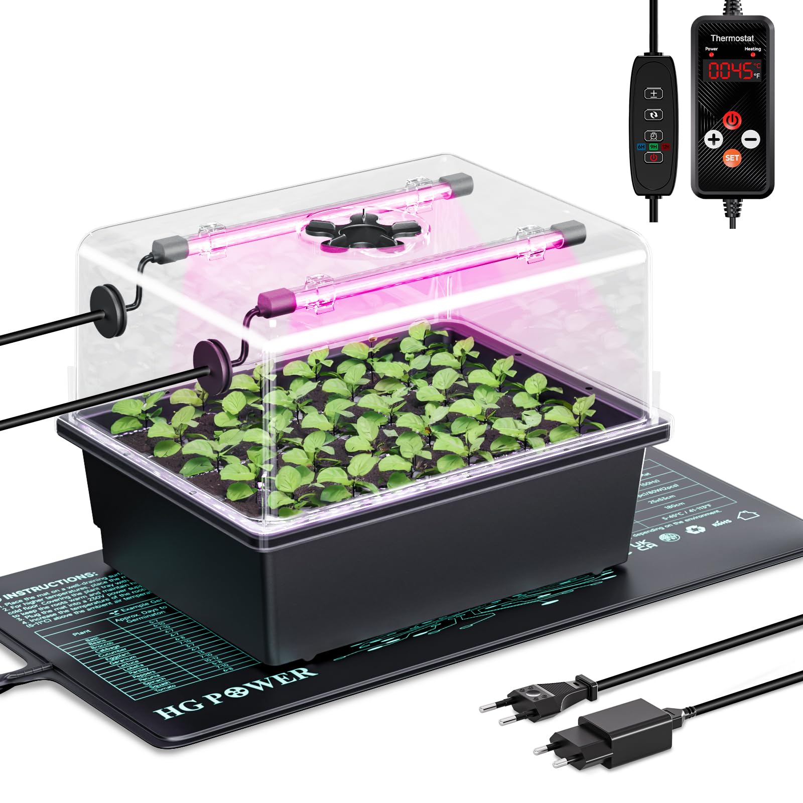 HG Power Kit de semis avec Mini Serre intérieur, Lampe LED pour Plantes et Tapis Chauffant semis avec Thermostat, Serre chauffante 30 cellules avec Couvercle, pour légumes et Herbes