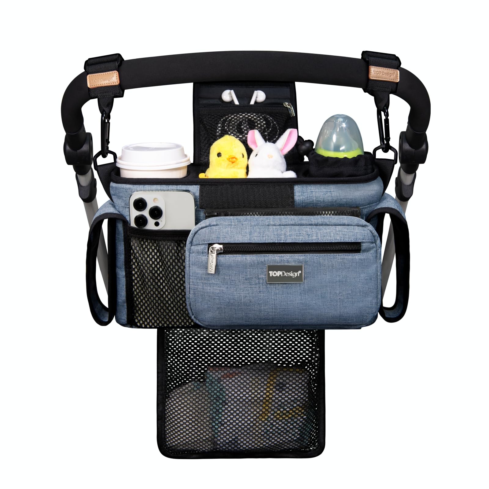 TOPDesign Universal Baby Stroller Organizer, Stroller Caddy with Detachable Mesh Bag & Heightened Insulated Cup Holders & Non-Slip Secure Hooks