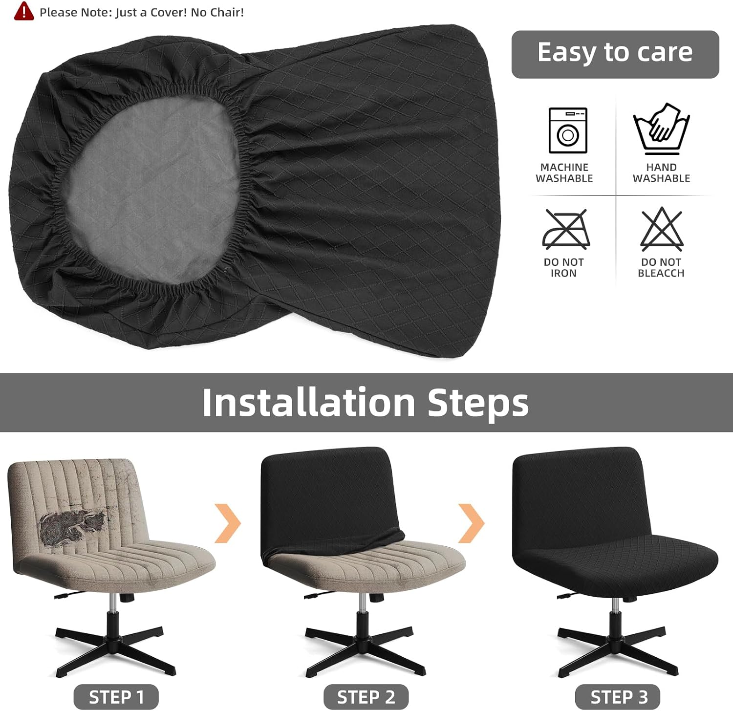 YISUN Waterproof Criss Cross Chair Cover, Stretch Armless Chair Slipcover Washable Removable Office Desk Chair Covers, Mid Back Wide Seat Accent Chair Cover Vanity Chairs Protector (Black)