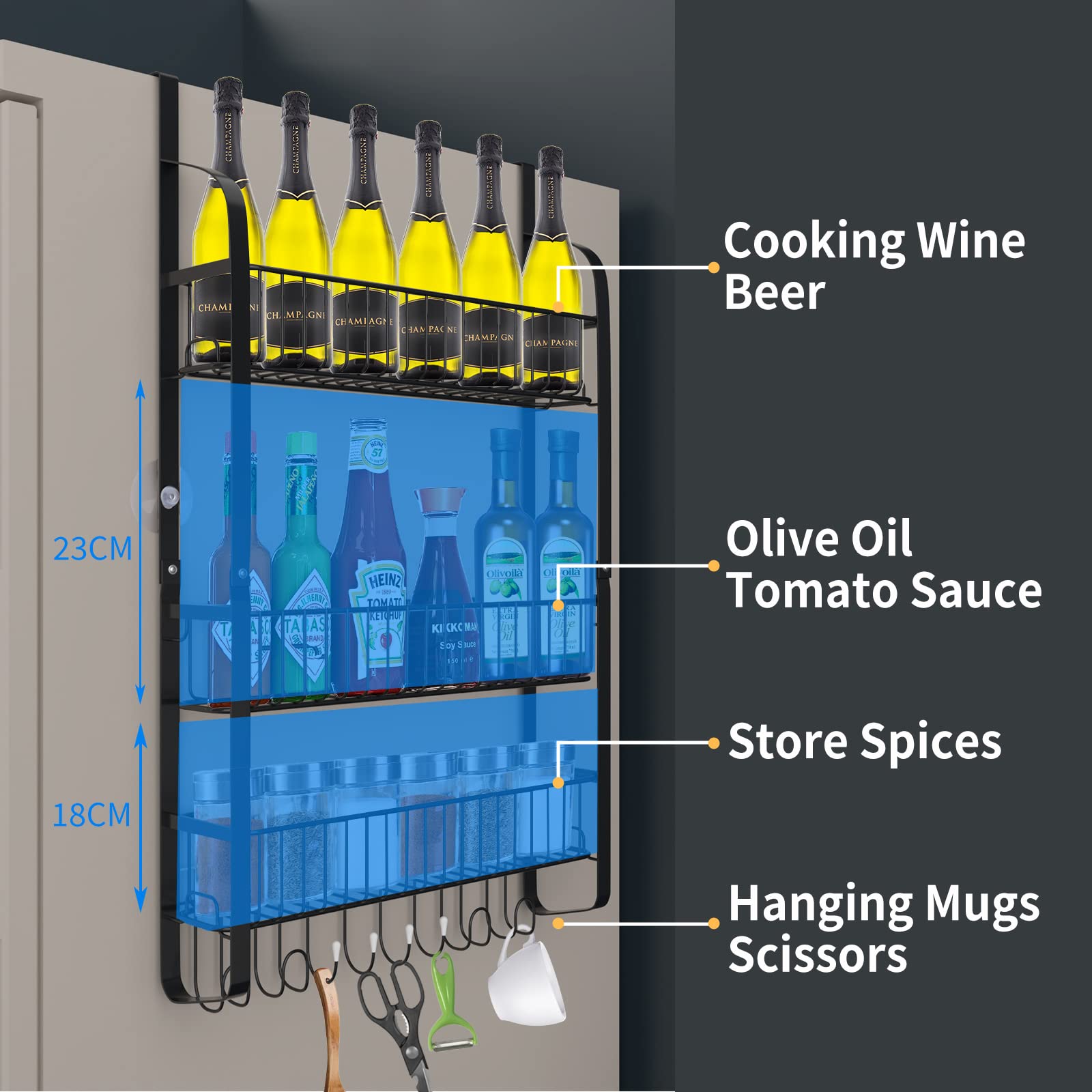 Etagère Réfrigérateur, Porte-Épices de Réfrigérateur, 2 Niveaux Étagère à Épices avec 8 Crochets, Multifonctionnel Étagère de Rangement pour Frigo Cuisine sans Perçage, Noir