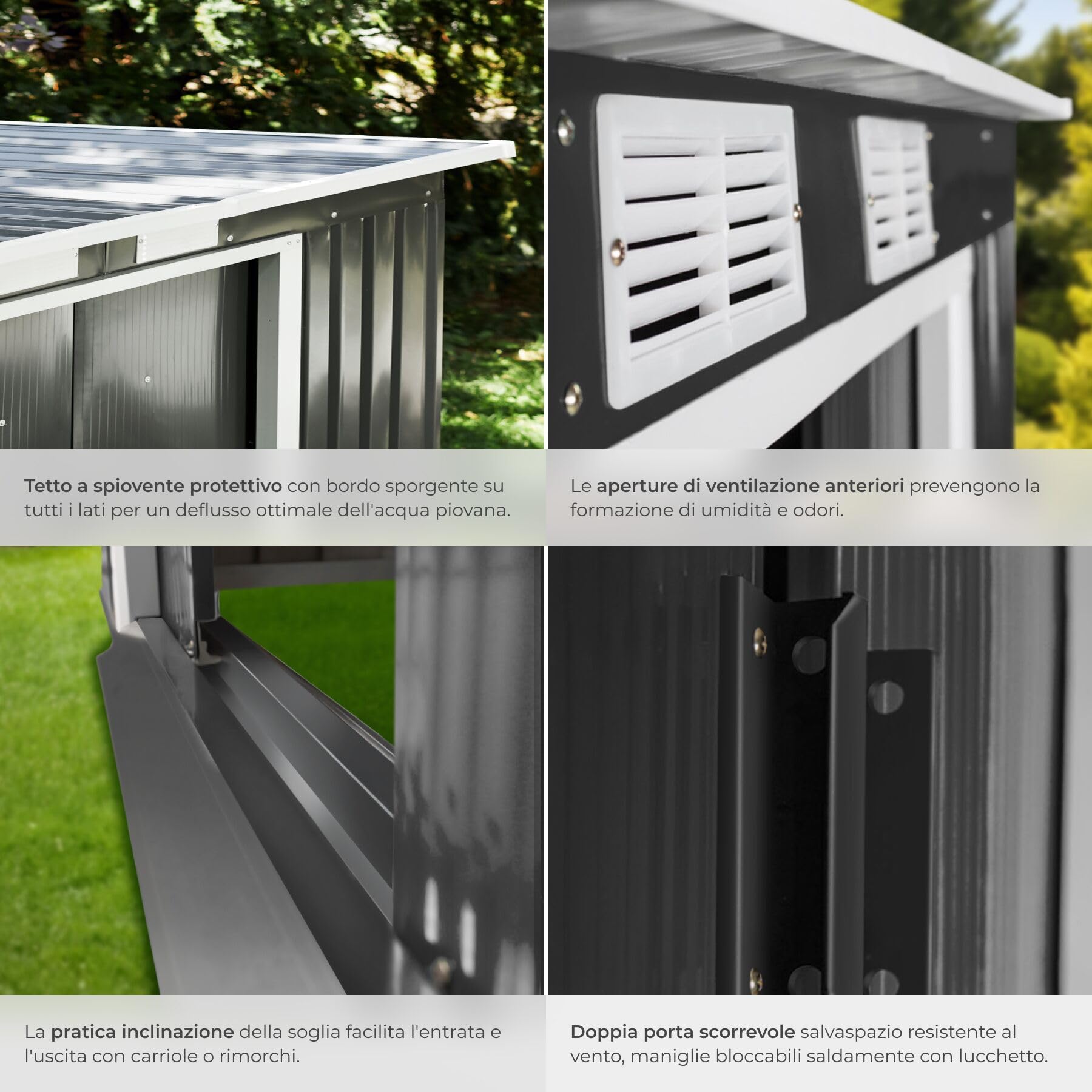 tectake® Casetta da Giardino in Lamiera, Box con Tetto Inclinato, Box da Giardino per Esterno con Porta Scorrevole, Lamiera in Acciaio, Fondamenta in Metallo - Grigio/Bianco