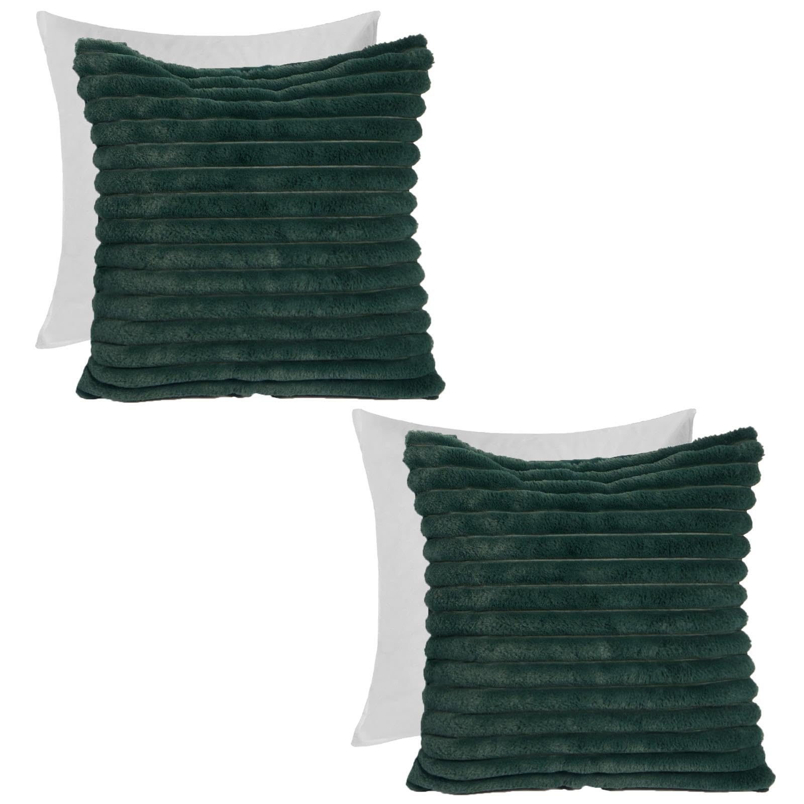 Ohs Green Scatter Cushions With Covers Included Faux Fur Ribbed, Sofa Seat Cushions With Inner Pads Soft Comfy Thick Throw Pillow Cushion Covers For Living Room - Pack Of 2,