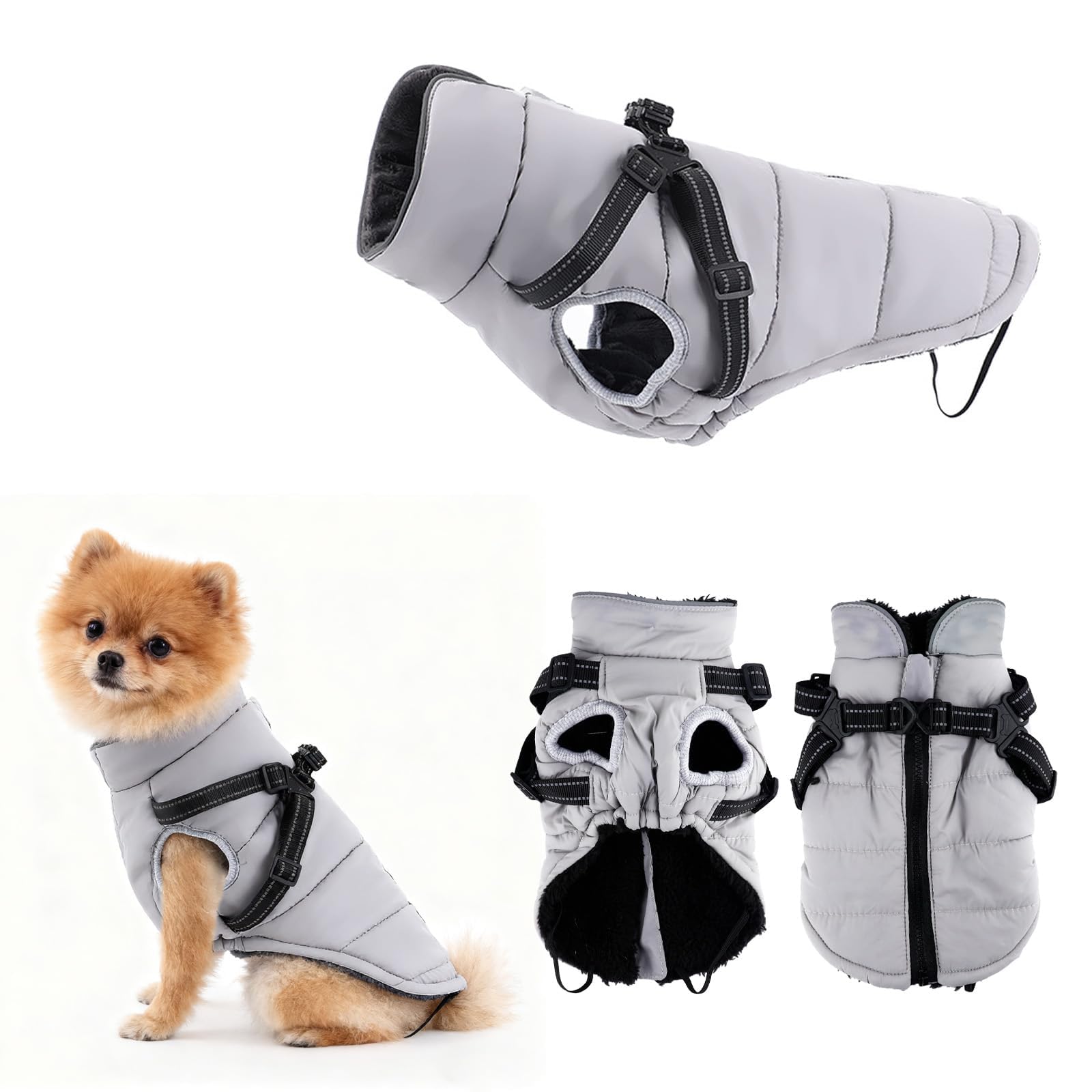 Hundemantel Winter mit Geschirr Einstellbar, ZoneYan Wasserdicht & Warm Hundemantel für Kleine Hunde, Reflektierende Winterjacke, Winddicht Weste für Hund (Grau, M)