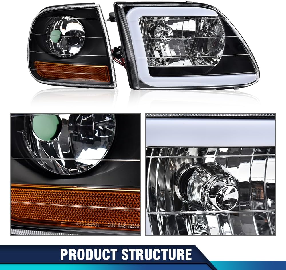 PIT66 LED DRL Headlights Assembly w/Corner Parking Lights Fit 1997-2003 Ford F150 /2004 F150 Heritage /98-99 F250 /97-02 Expedition Black Housing Amber Reflector