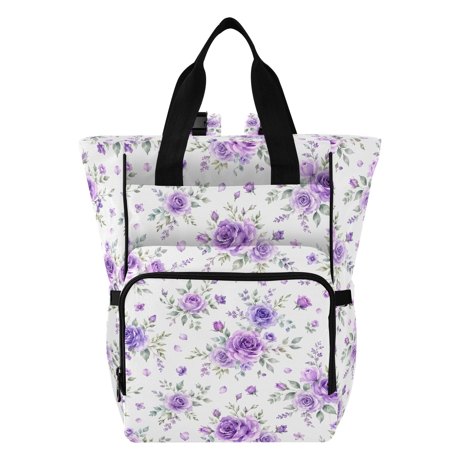 Mnsruu Mochila para pañales de bebé, diseño de flores, color morado, bolsa grande, impermeable, bolsa de pañales de viaje para mamás y papás