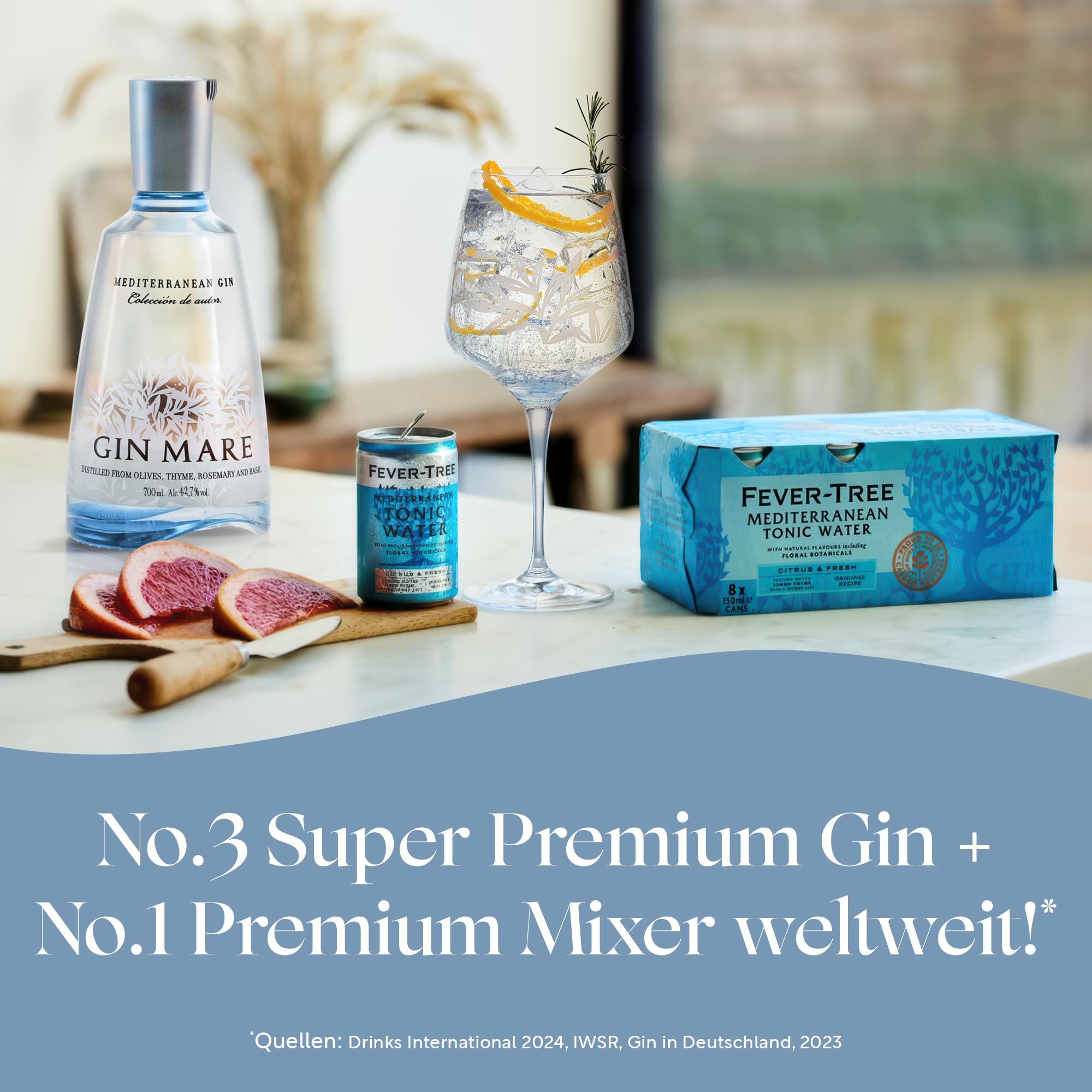 Gin Mare und FEVER-TREE Mediterranean Tonic Water - Cocktail Set - 1x 0.7L Premium Gin mit 8-Pack 150 ml Tonic Water - Das Premium Gin und Tonic Set, für einen Cocktail mit mediterranem Twist