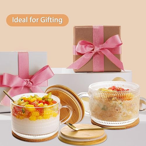 Miniatura 5 de Juego de tazas de café vintage de 4 a 14 onzas, recipientes de avena a prueba de fugas con tapas y cucharas, tazas de vidrio de hobnail con tapas de