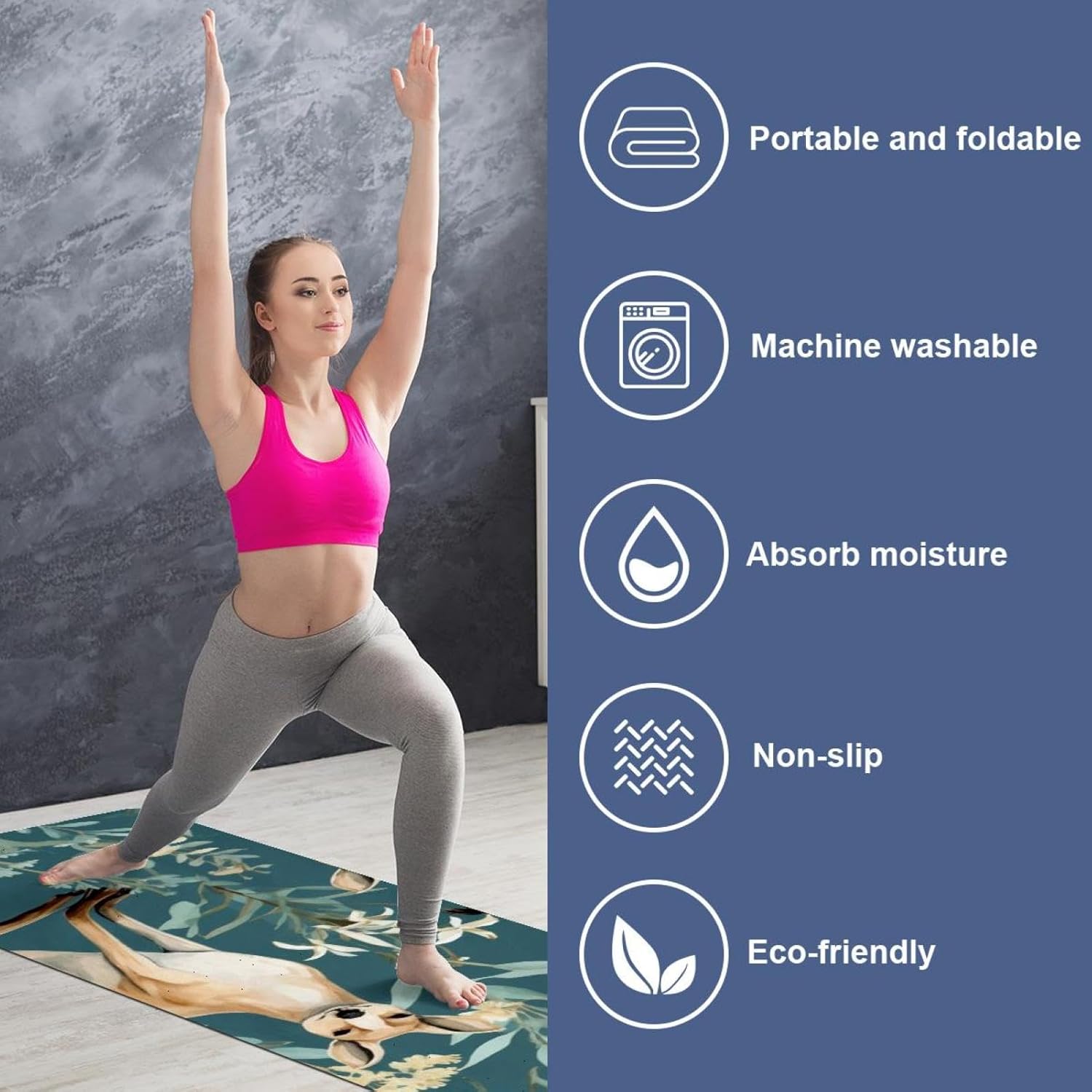 Yoga Towel, Kangaroo Pattern Non Slip Sweat Absorbent Hot Yoga Mat Towel for Hot Yoga, Pilates and Fitness - 72.8" x 26.8"