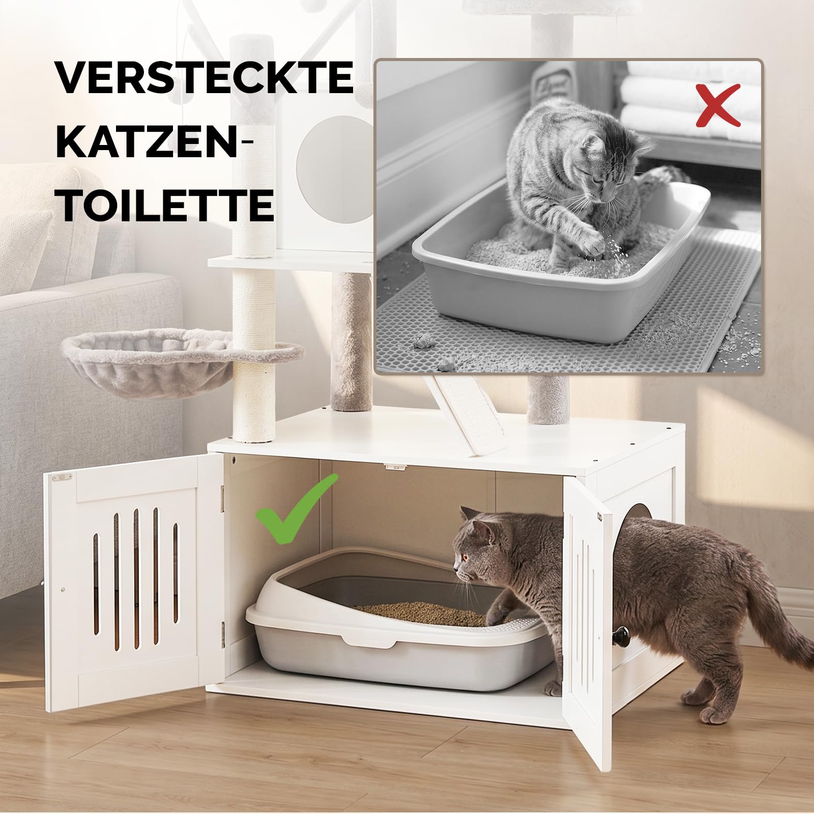 LEADZM Kratzbaum mit Katzenklo-Schrank, 137 cm hoch, 2-in-1 Katzenbaum, Multifunktionaler Katzenkratzbaum - Mit Sisalsäule und Plüschball, Mehrere Farben erhältlich (Weiß)