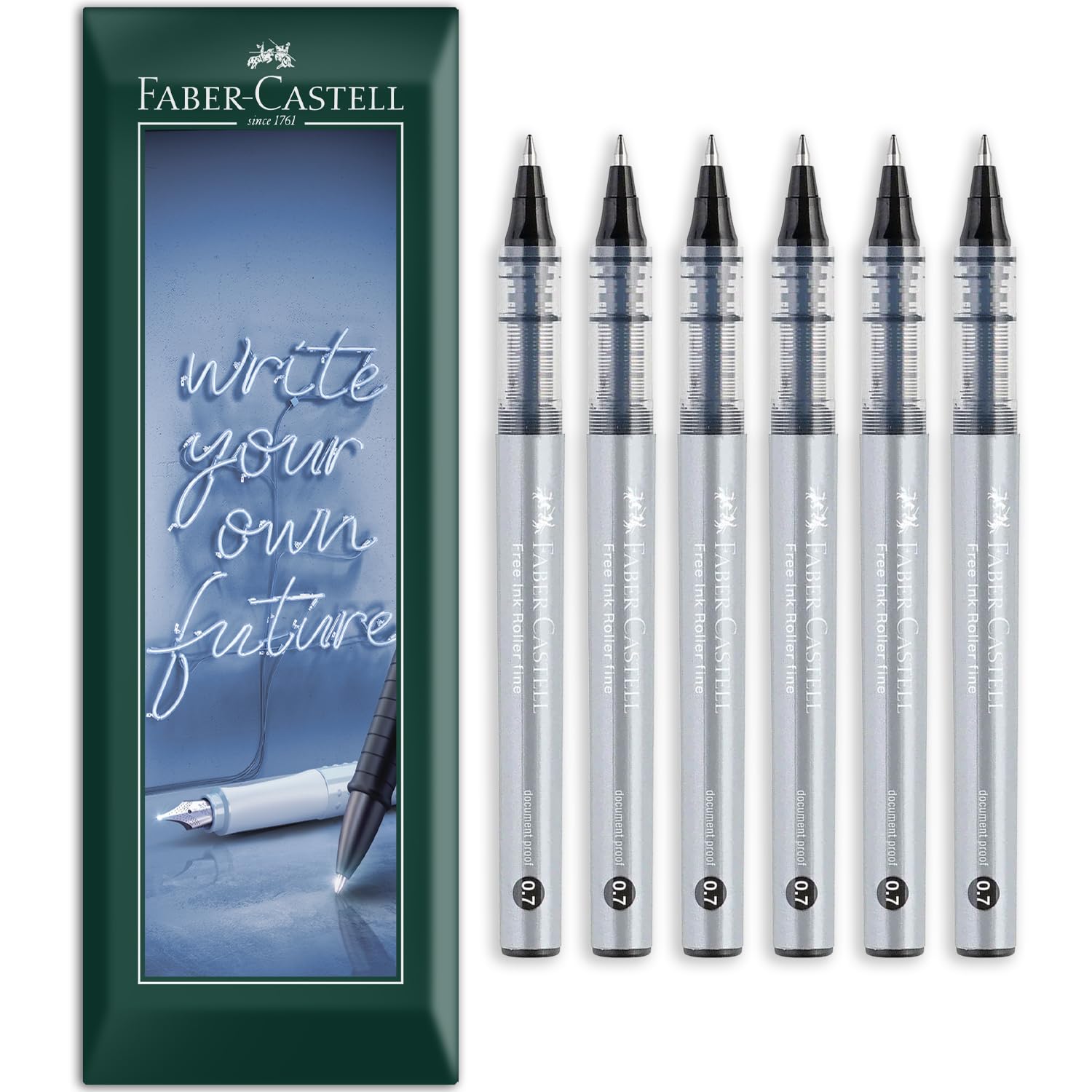 Faber-Castell Free Ink Roller Pen - 0.7mm Nib - Envelope Gift Pack of Rollerball Pens - Stationery for Office, Work, Home etc (Black 6 Pack)