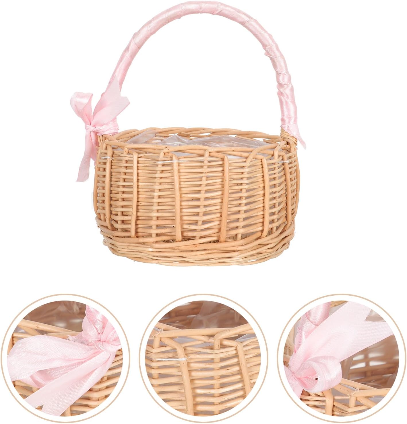 Wedding Flower Girl Basket Portable Woven Storage Basket Natural Rattan Handheld Floral Container for Ceremony and Party Supplies, Small Pink