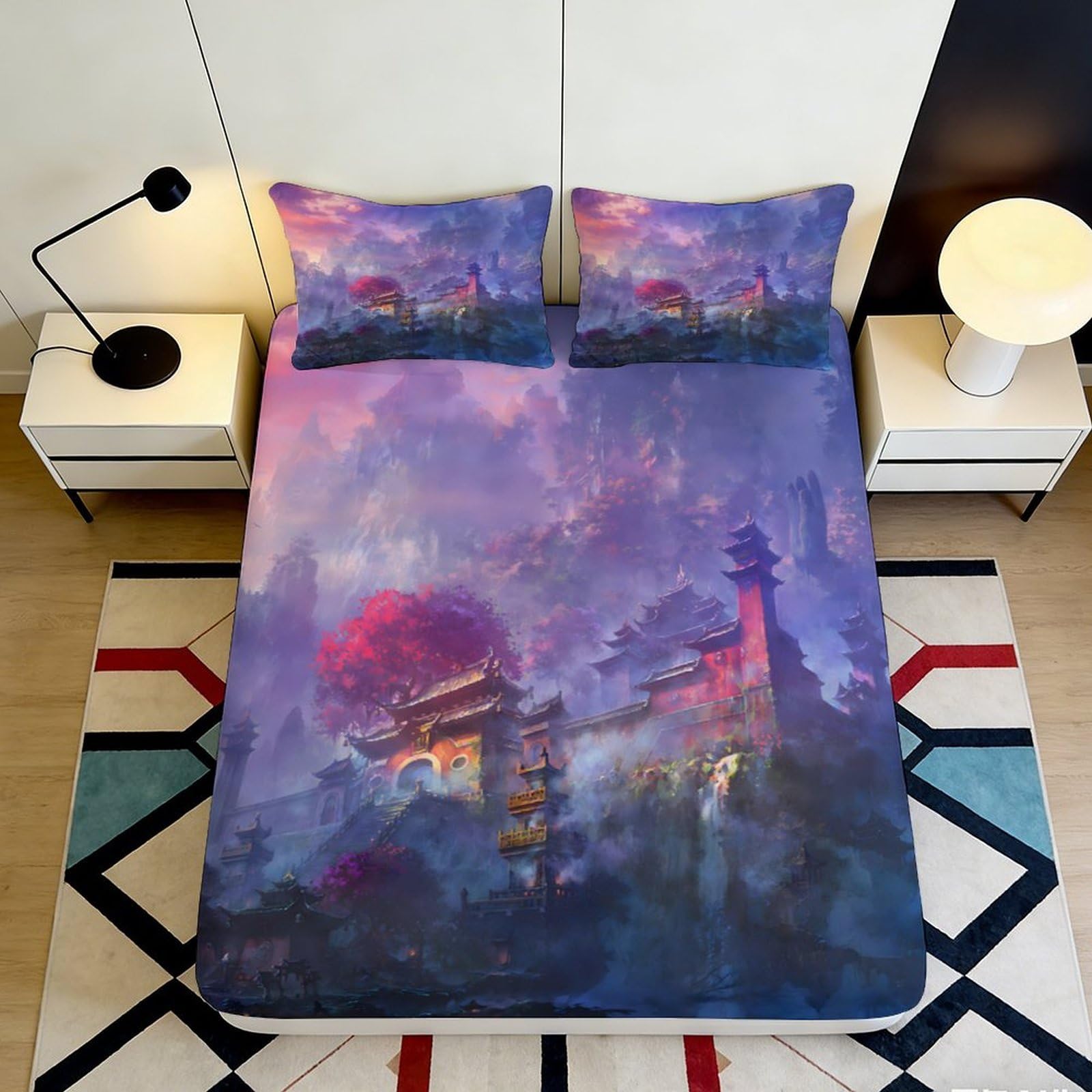 3D Printed Fantasy Purple Sunset Fitted Sheet Microfiber Soft Decorative Dream City Bed Cover for Bedroom Guest Room 90x200x25cm