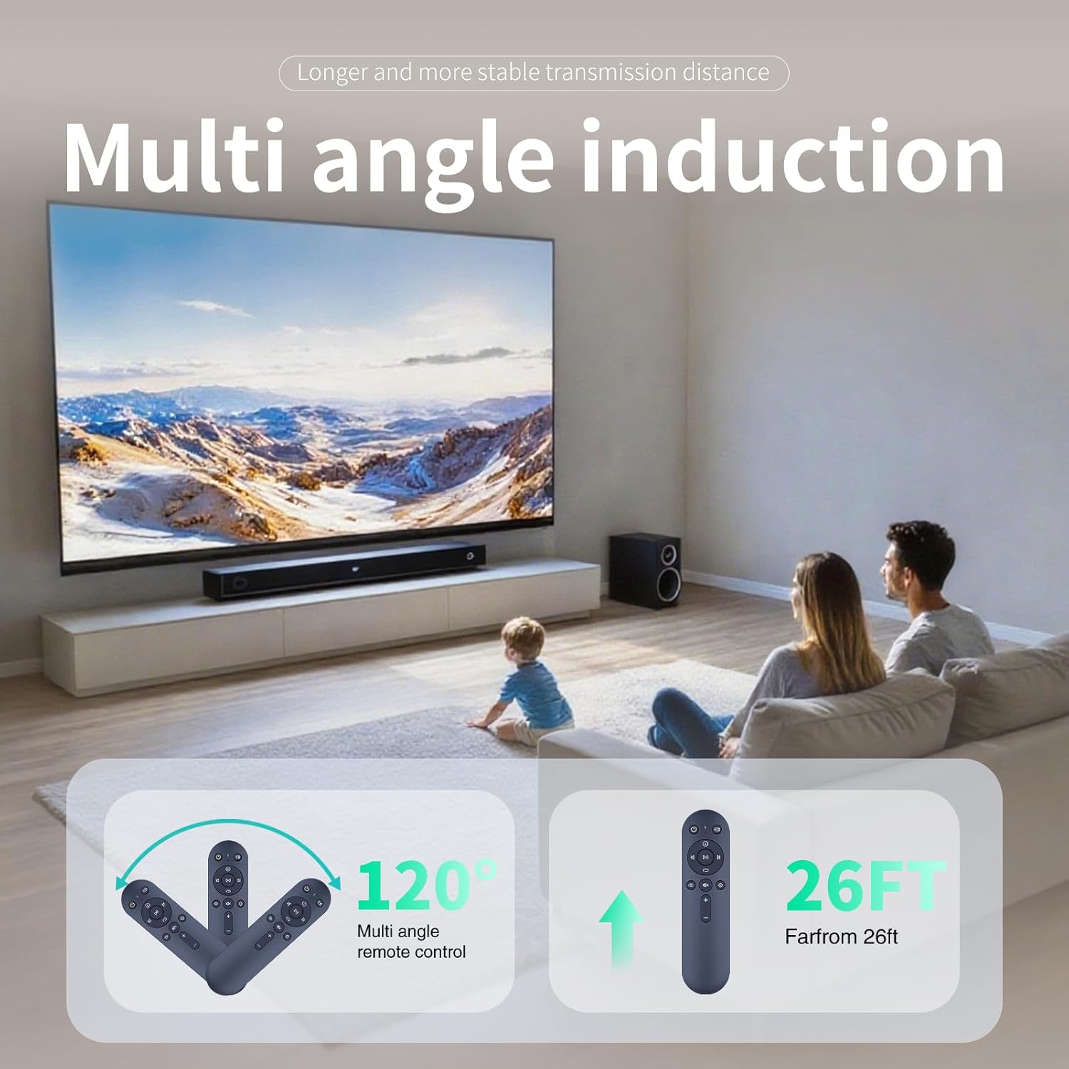 Image demonstrating the 'Multi angle induction' capability of the ZWP BTR-12 remote, showing a 120-degree control angle and a range of 26 feet.