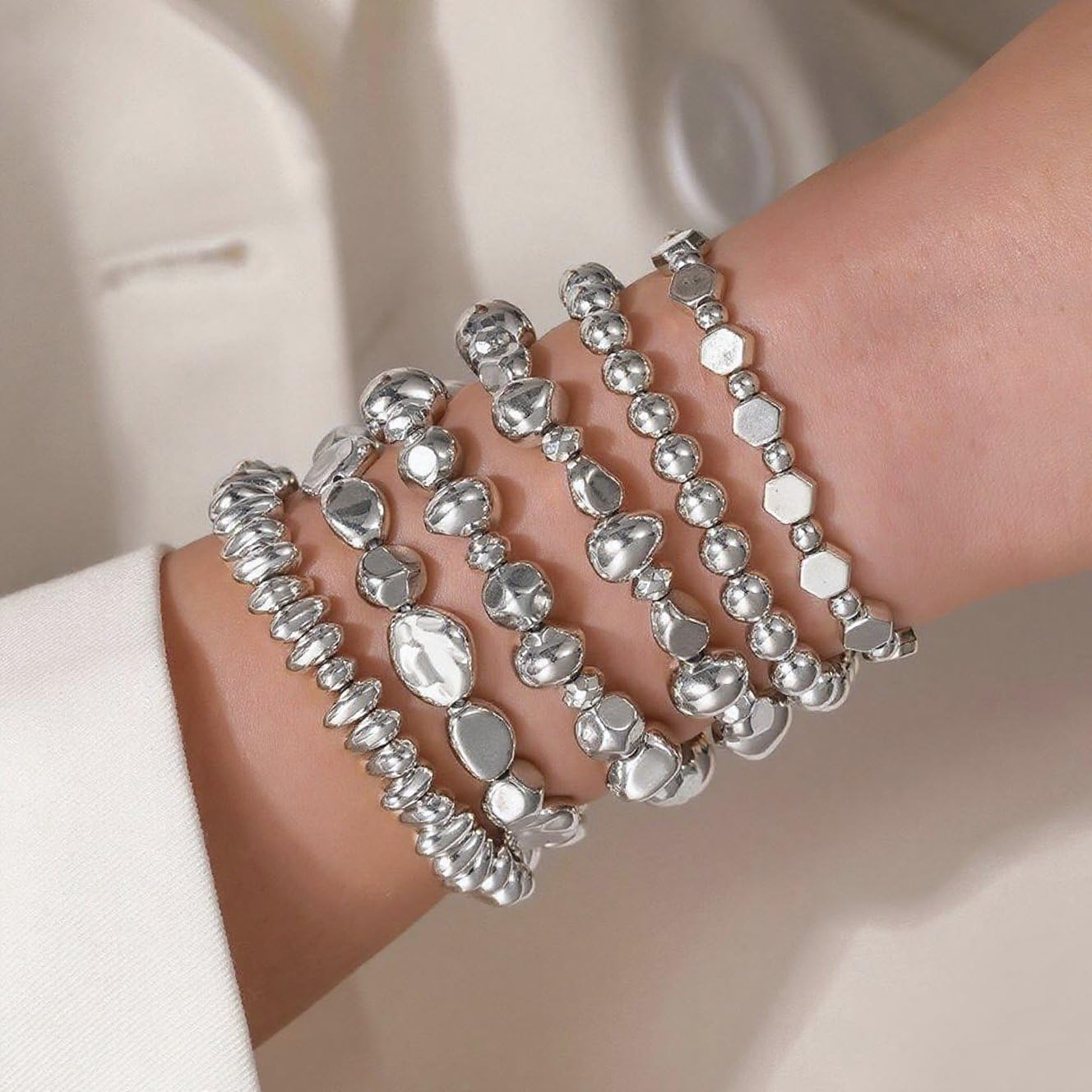 CSIYANJRY99 Gold Silver Beaded Bracelets Stack for Women Non Tarnish Stretch Stackable Bracelet Elegant Chunky Cross Layering Jewelry