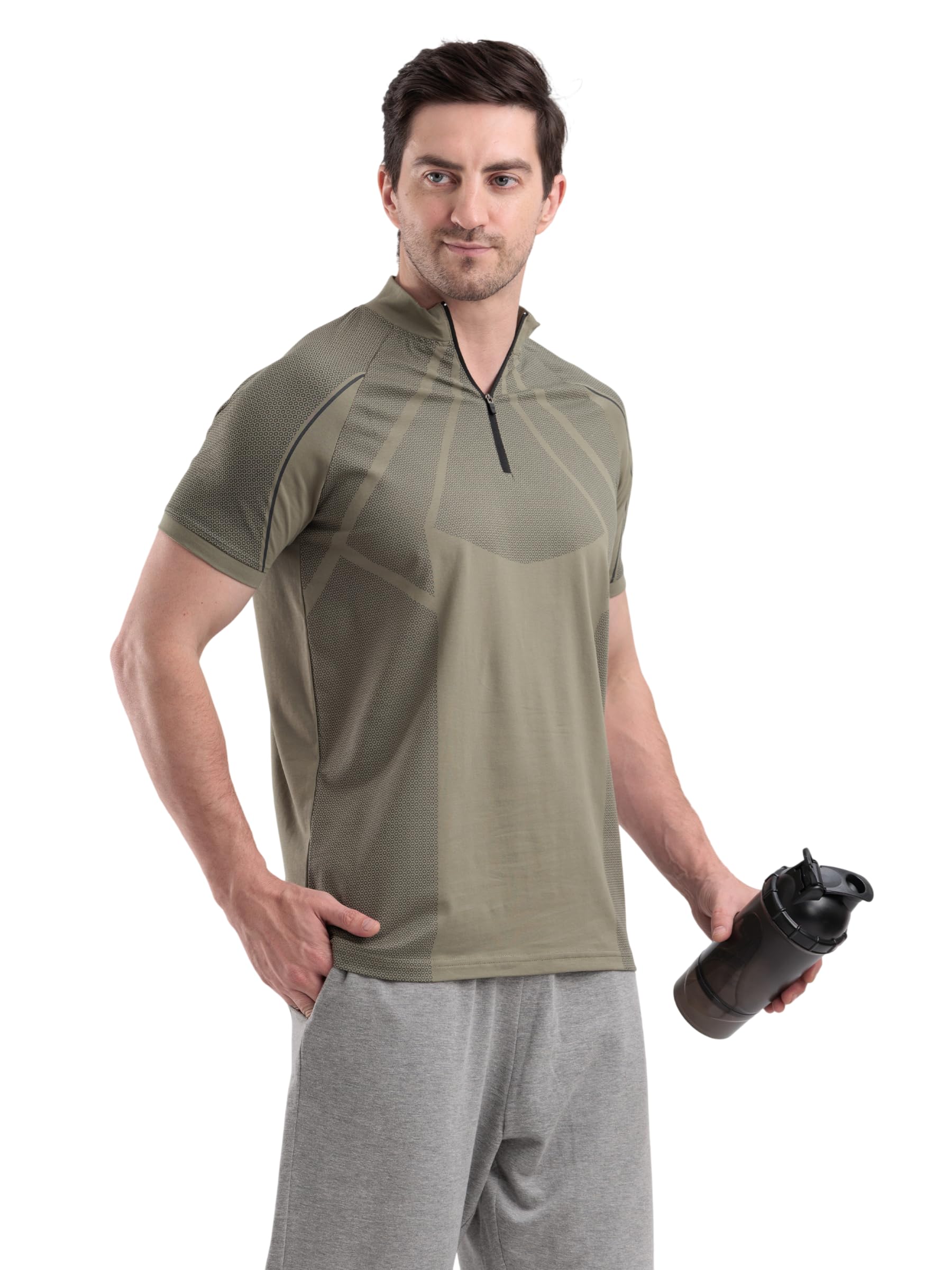 GROW Gym T Shirt Half Sleeve for Men Workout | Cotton and Spandex Quarter Zip Back Half Sleeves Collar Printed Sport T Shirts for Man-picture-20