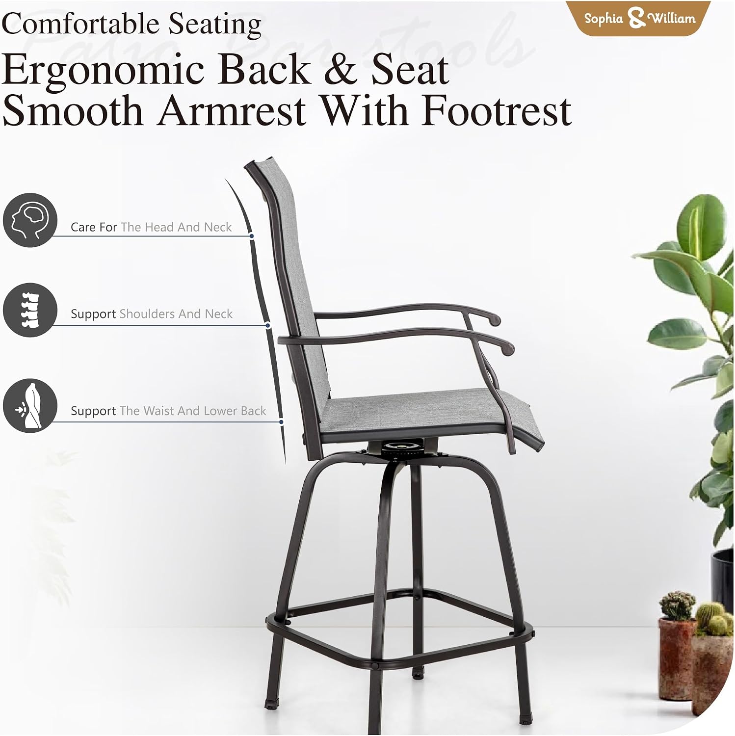 Sophia & William Outdoor Bar Stools Set of 4, Bar Height Patio Chairs, Outdoor Swivel Bar Stools High Top Patio Chairs, Supports 300 lbs (Light Grey Fabric)